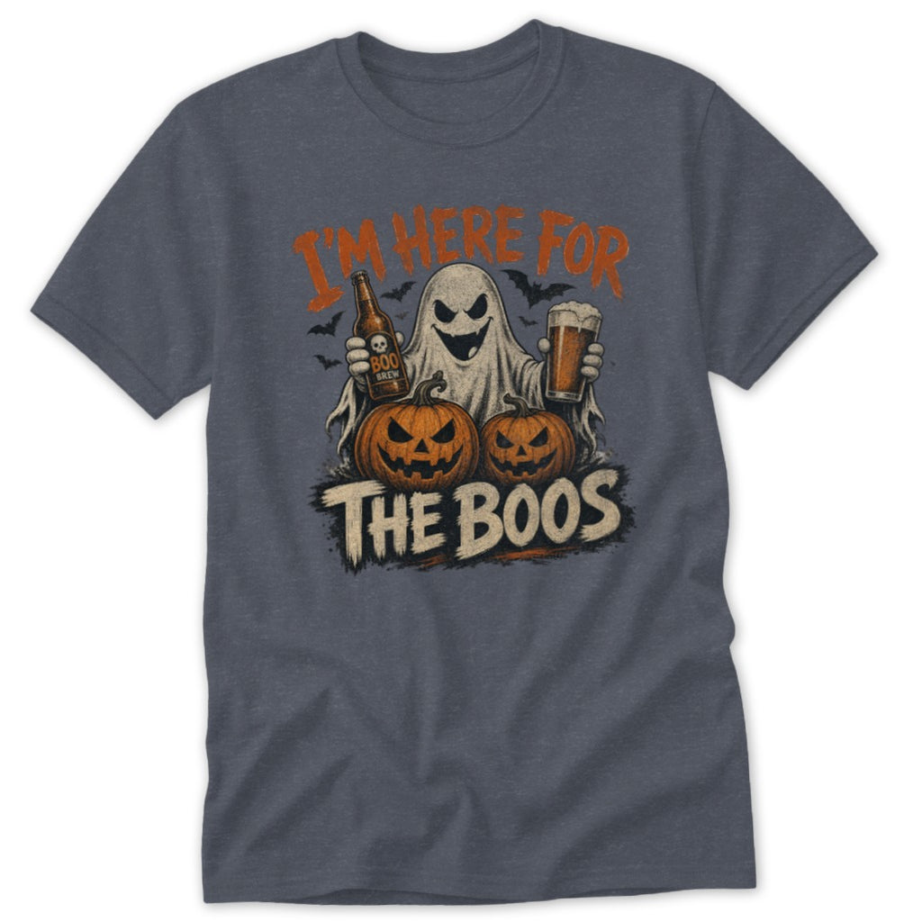 Ghost holding beer with pumpkins, text "I'M HERE FOR THE BOOS".