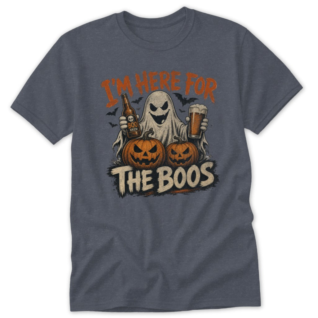 Ghost holding beer with pumpkins, text "I'M HERE FOR THE BOOS".
