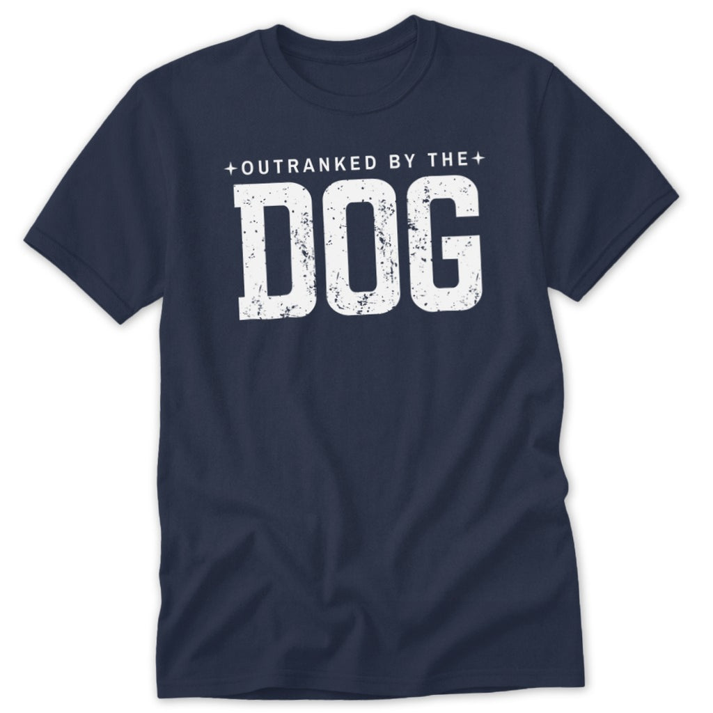 Navy t-shirt with white distressed text "OUTRANKED BY THE DOG".