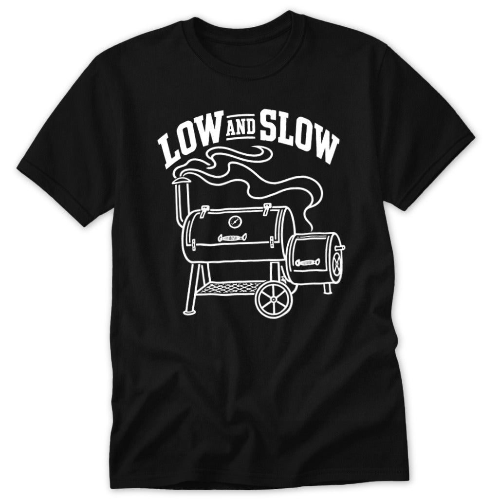 Black t-shirt with white graphic of a smoker and text "LOW AND SLOW".