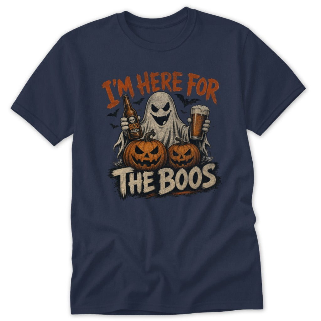 Ghost with beer and pumpkins, text reads "I'M HERE FOR THE BOOS".