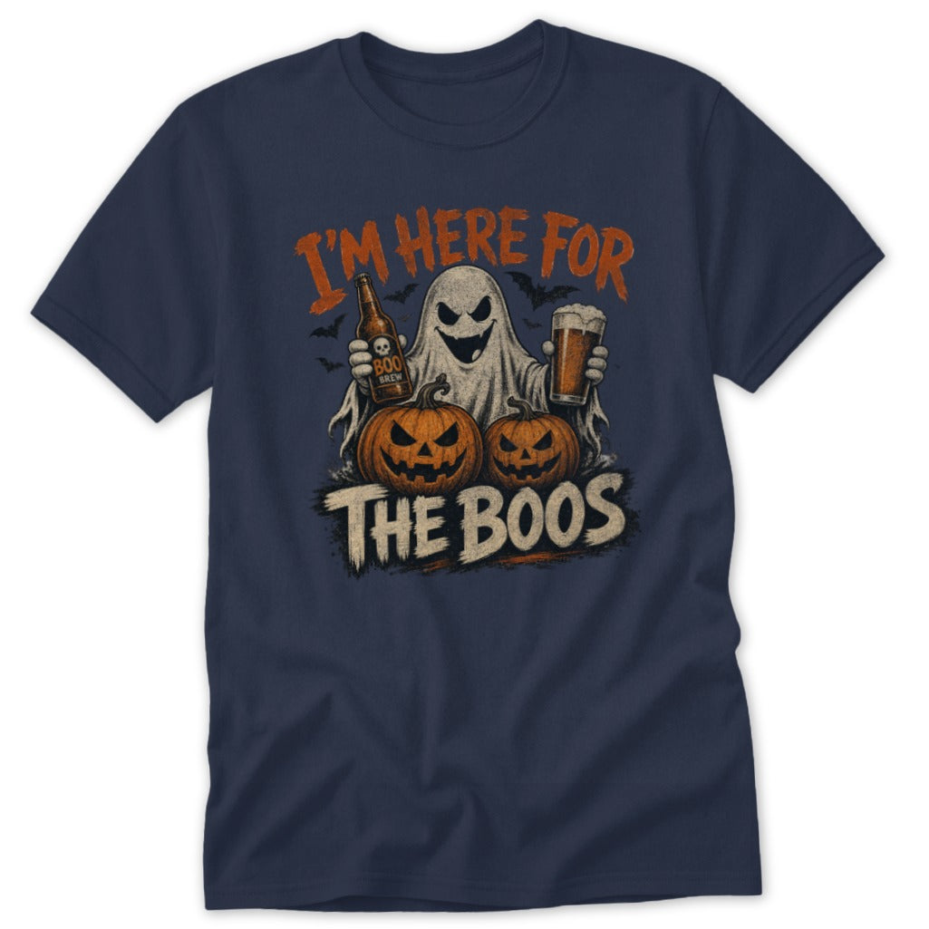 Ghost with beer and pumpkins, text reads "I'M HERE FOR THE BOOS".