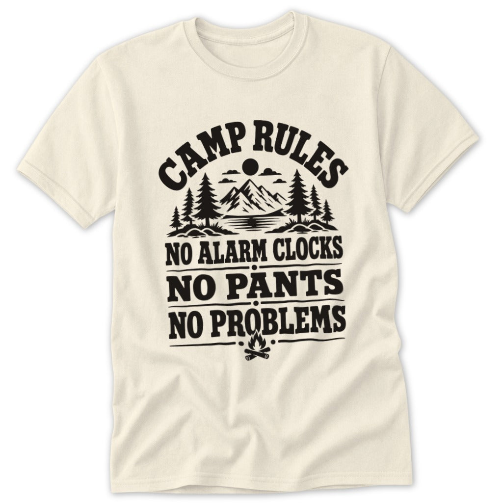 Off-white short-sleeve t-shirt with black camp rules graphic featuring mountains, trees, and humorous text.