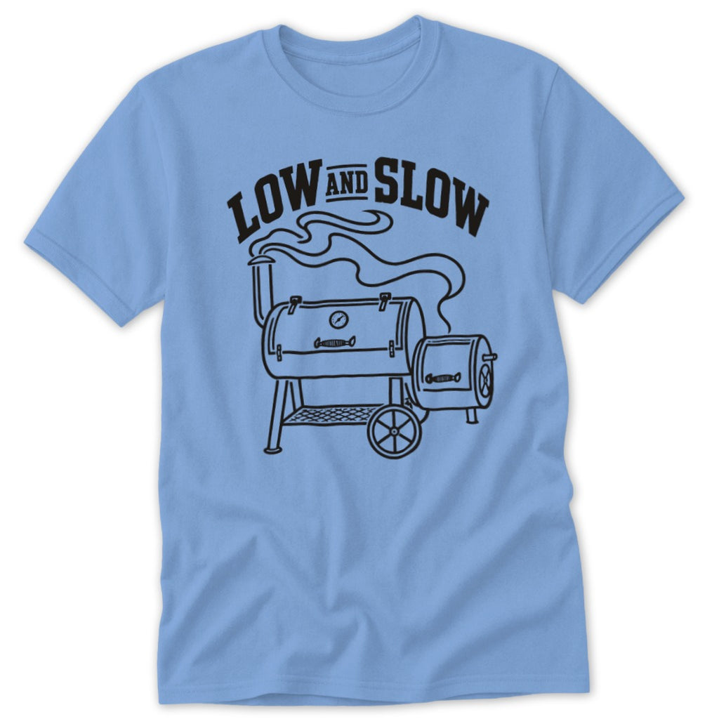 Light blue t-shirt with "LOW AND SLOW" and a smoker graphic.