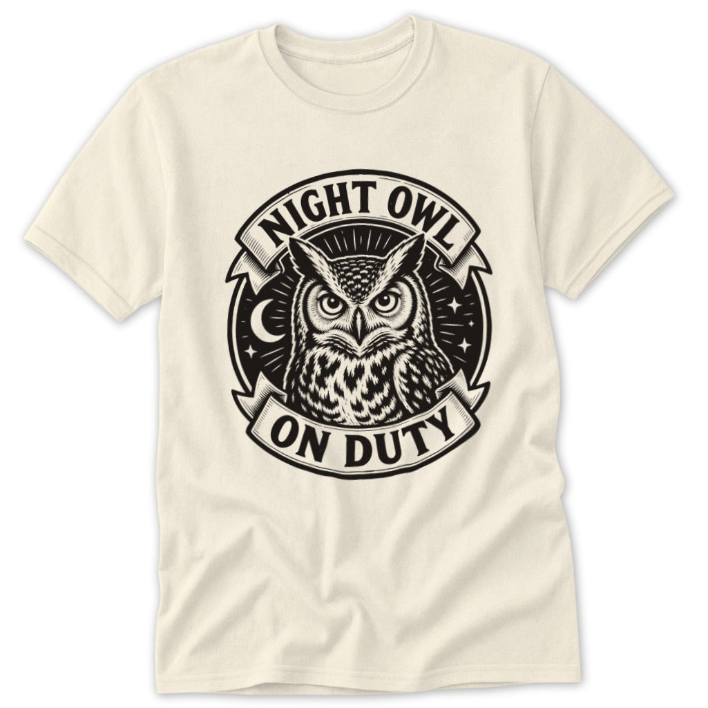 Cream t-shirt with a black graphic of an owl and text reading "Night Owl On Duty".