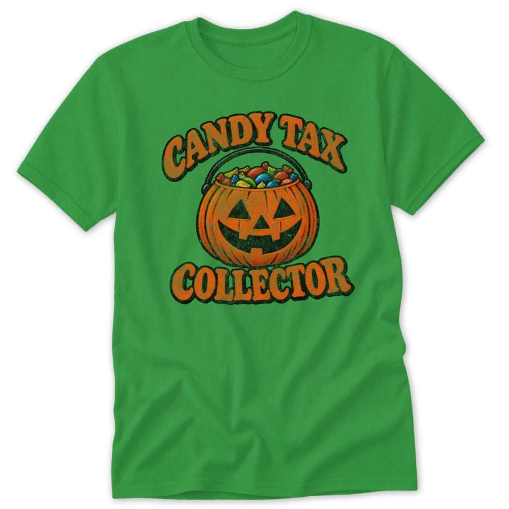 Green t-shirt with "Candy Tax Collector" text and pumpkin candy bucket graphic.