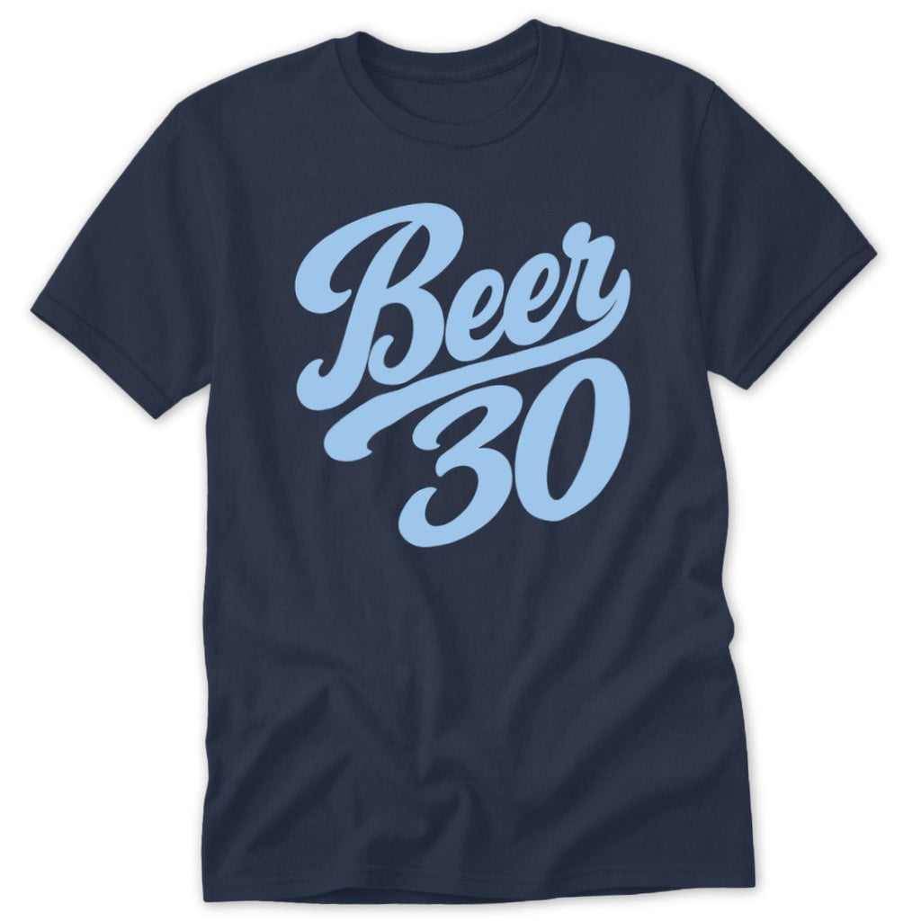Navy t-shirt with "Beer 30" text graphic in light blue script.