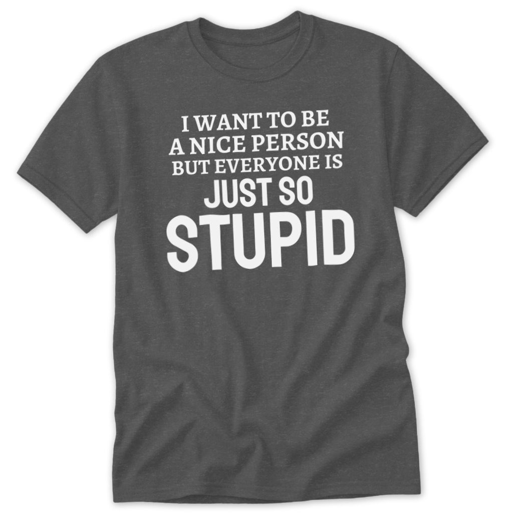 Dark gray t-shirt with white text: "I Want To Be A Nice Person But Everyone Is Just So Stupid"