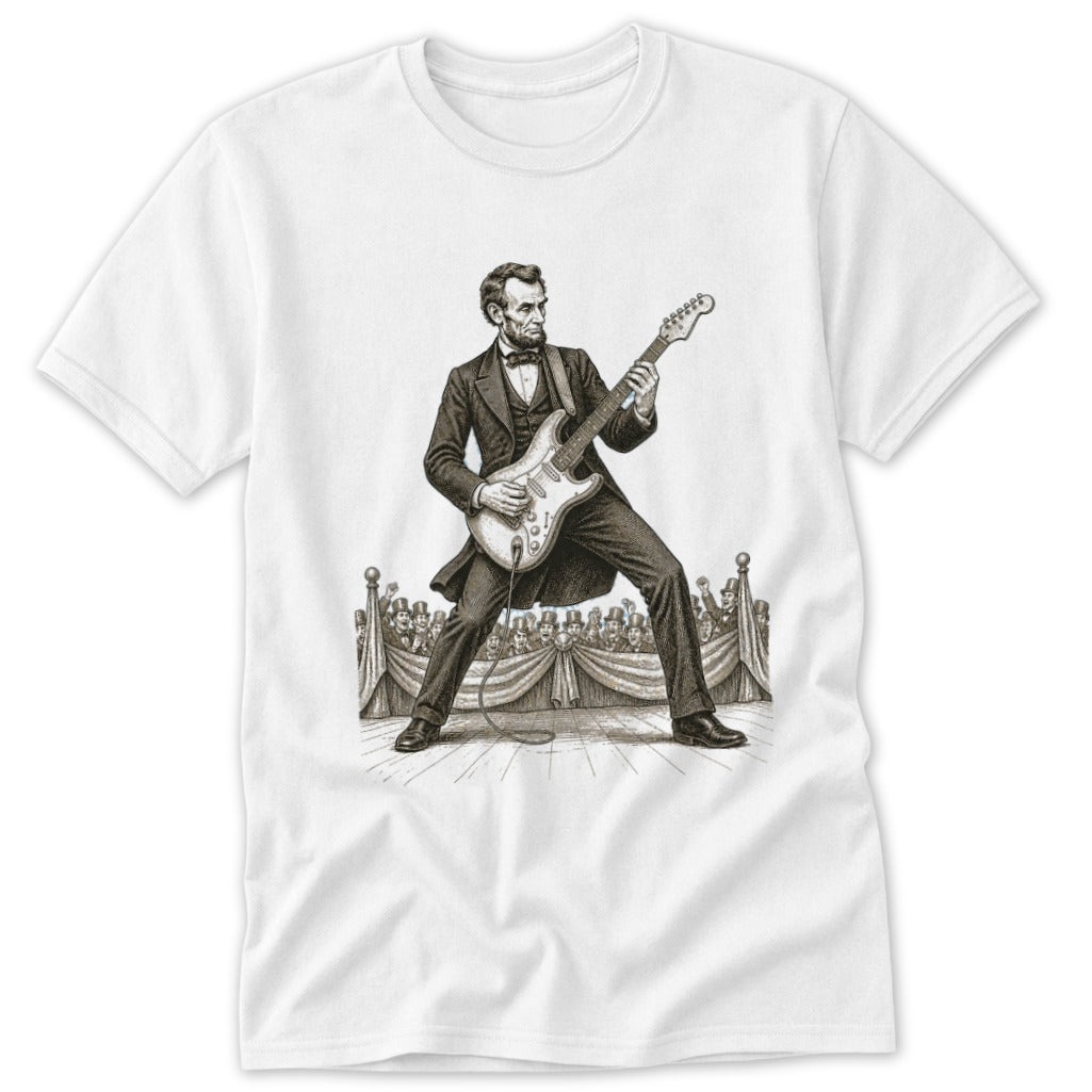 Abraham Lincoln playing a white electric guitar on a stage with an audience.