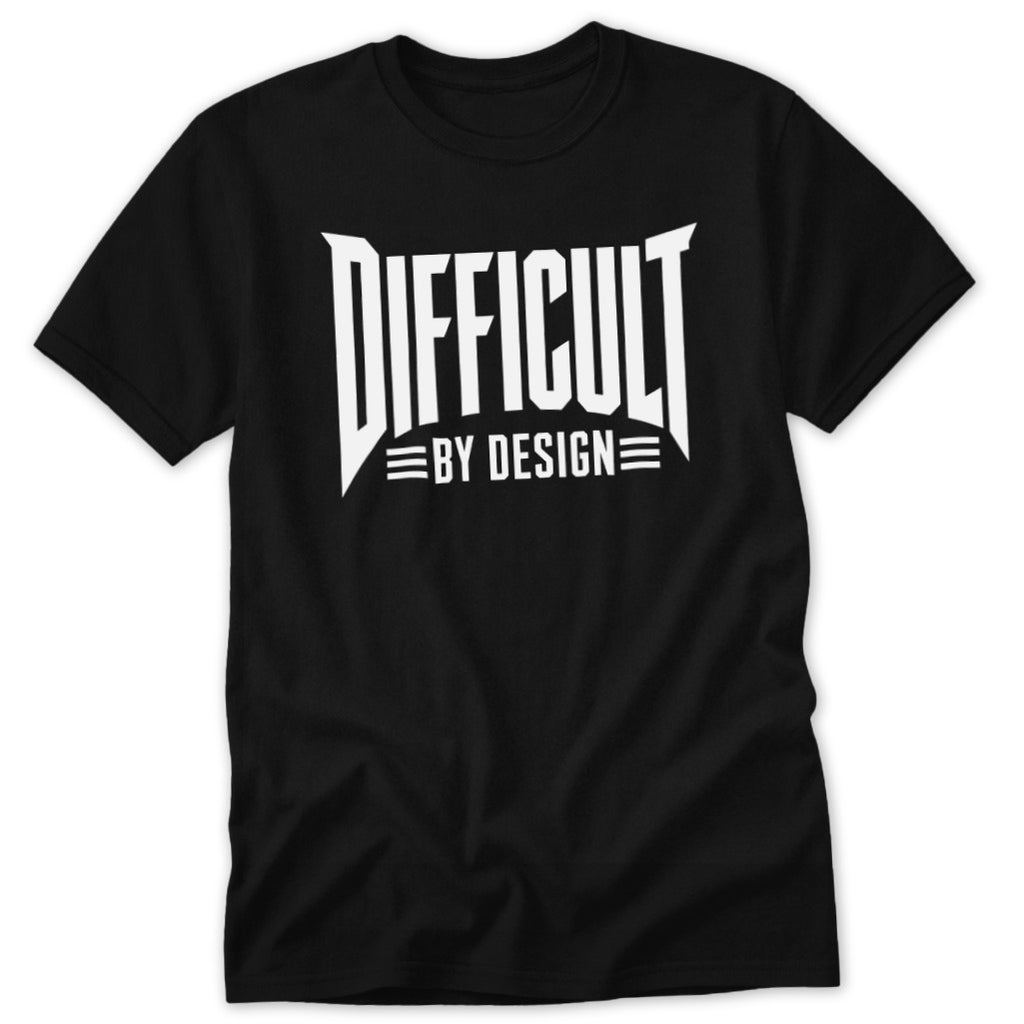 Black short-sleeve t-shirt with large white text reading DIFFICULT BY DESIGN on the chest.