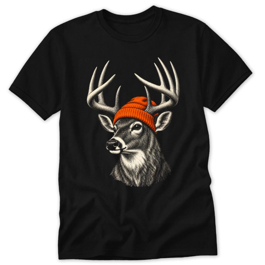 A black t-shirt featuring a detailed illustration of a buck deer wearing an orange beanie.