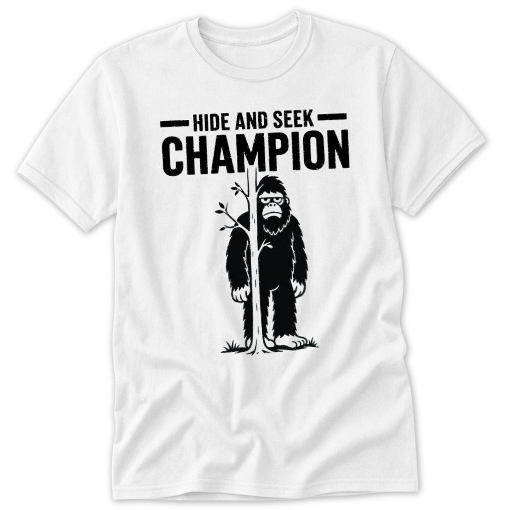 Bigfoot behind a tree with text "Hide and Seek Champion".