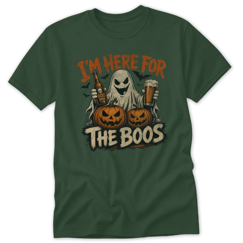 Halloween t-shirt design with ghost, pumpkins, and beer, featuring text "I'm Here For The Boos".
