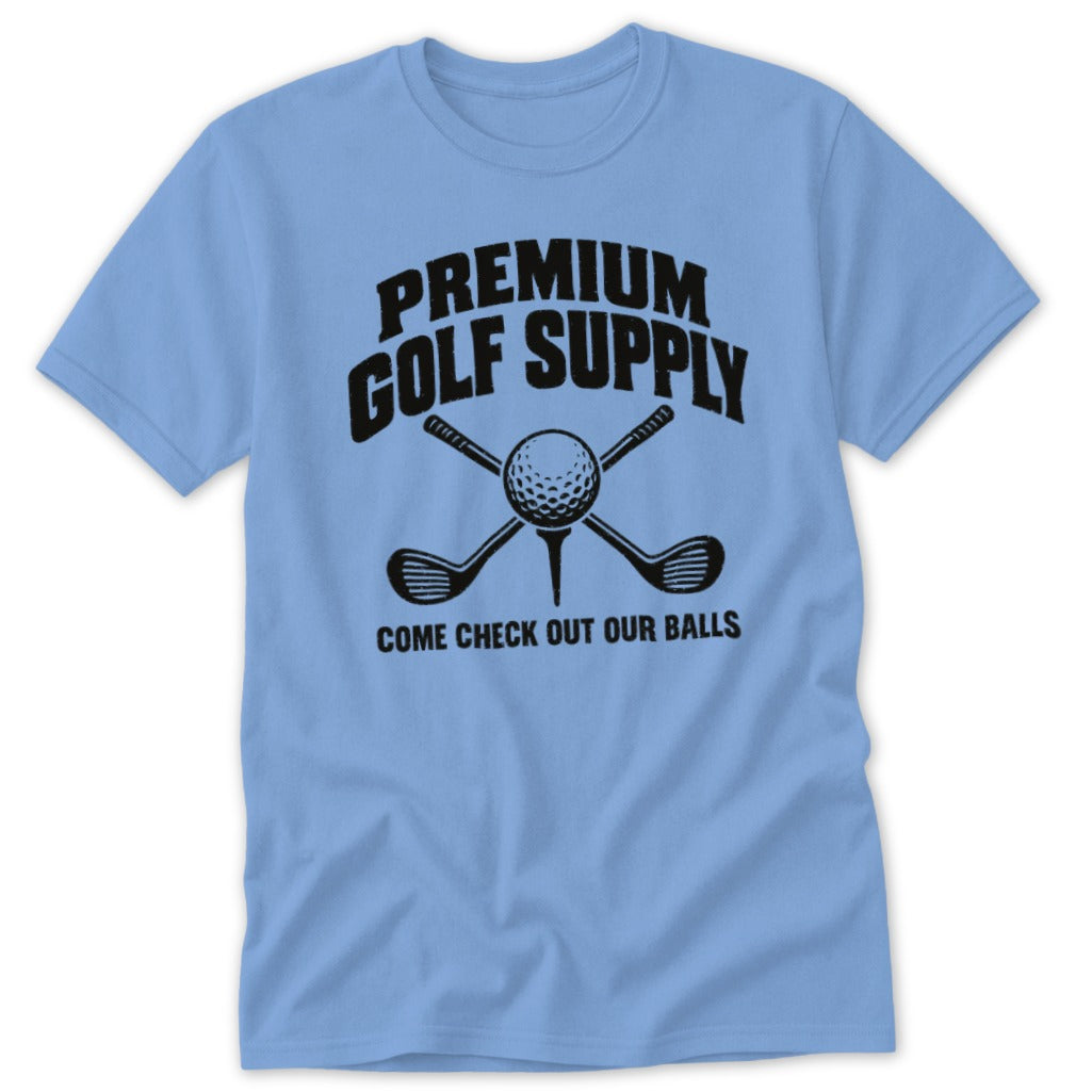 Light blue t-shirt with "Premium Golf Supply" and crossed clubs with golf ball.