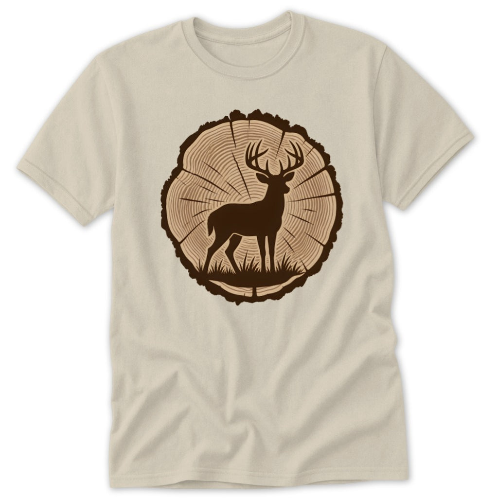 A light beige crewneck t-shirt featuring a brown graphic of a deer standing inside a tree trunk cross-section.