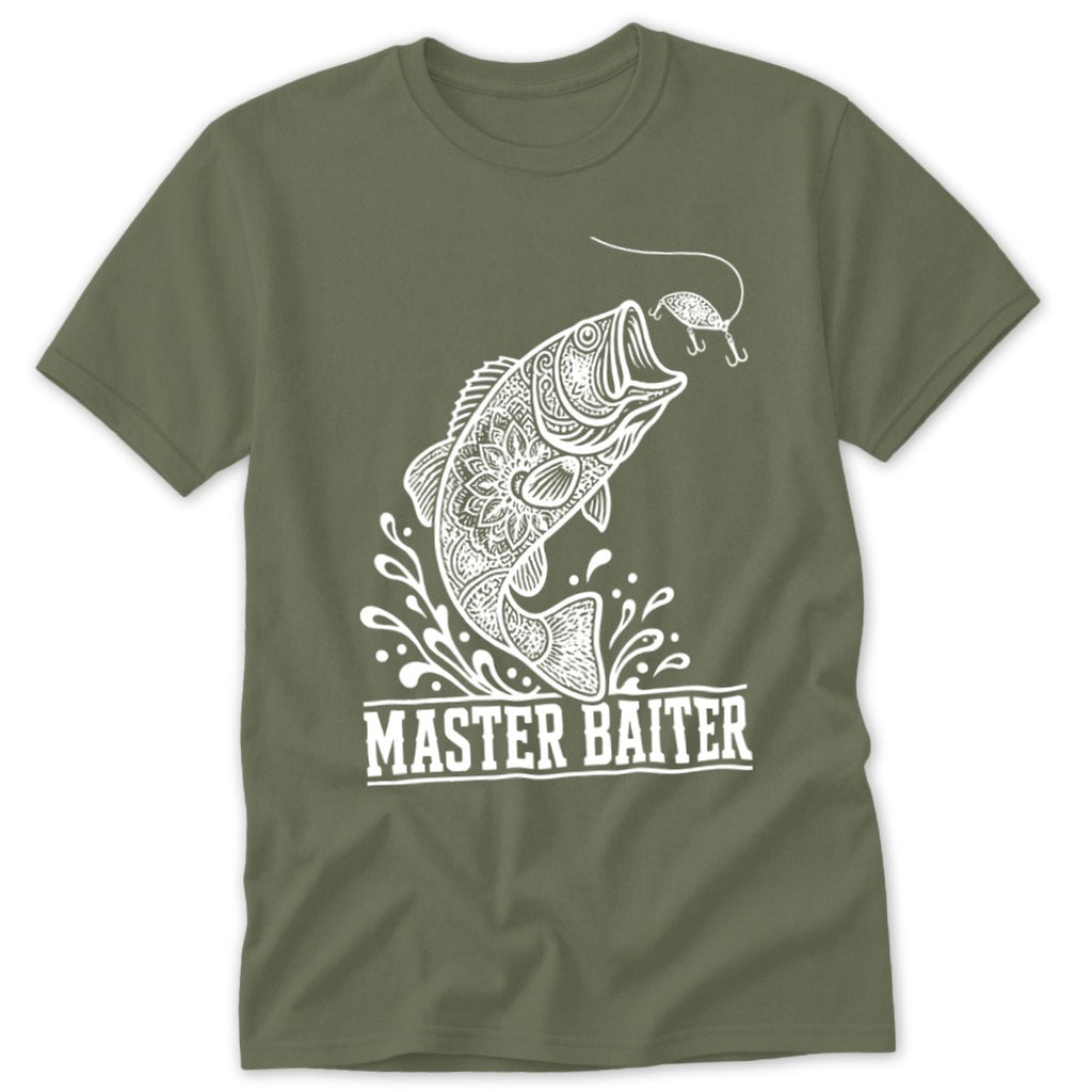 Olive green t-shirt with white bass jumping for a lure, text reads "MASTER BAITER".