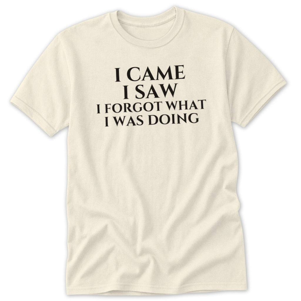 Cream t-shirt with black text "I CAME I SAW I FORGOT WHAT I WAS DOING".
