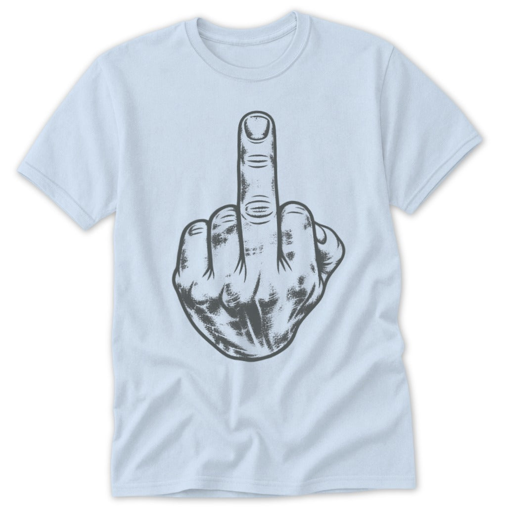 Light blue t-shirt with a graphic of a hand giving the middle finger.