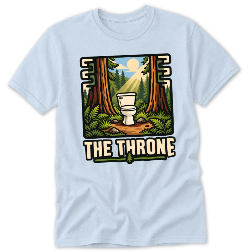 Toilet in forest scene with text "The Throne" on light blue t-shirt.