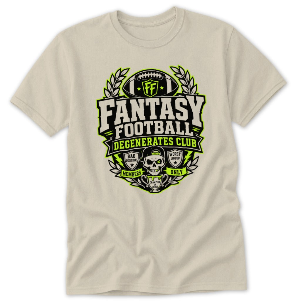 A cream-colored t-shirt features a black, white, and neon green Fantasy Football Degenerates Club graphic centered on the chest.