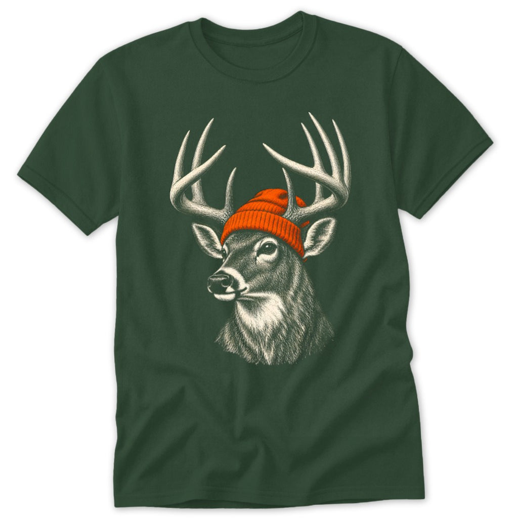 Dark green short-sleeved t-shirt featuring a detailed illustration of a buck wearing an orange beanie.