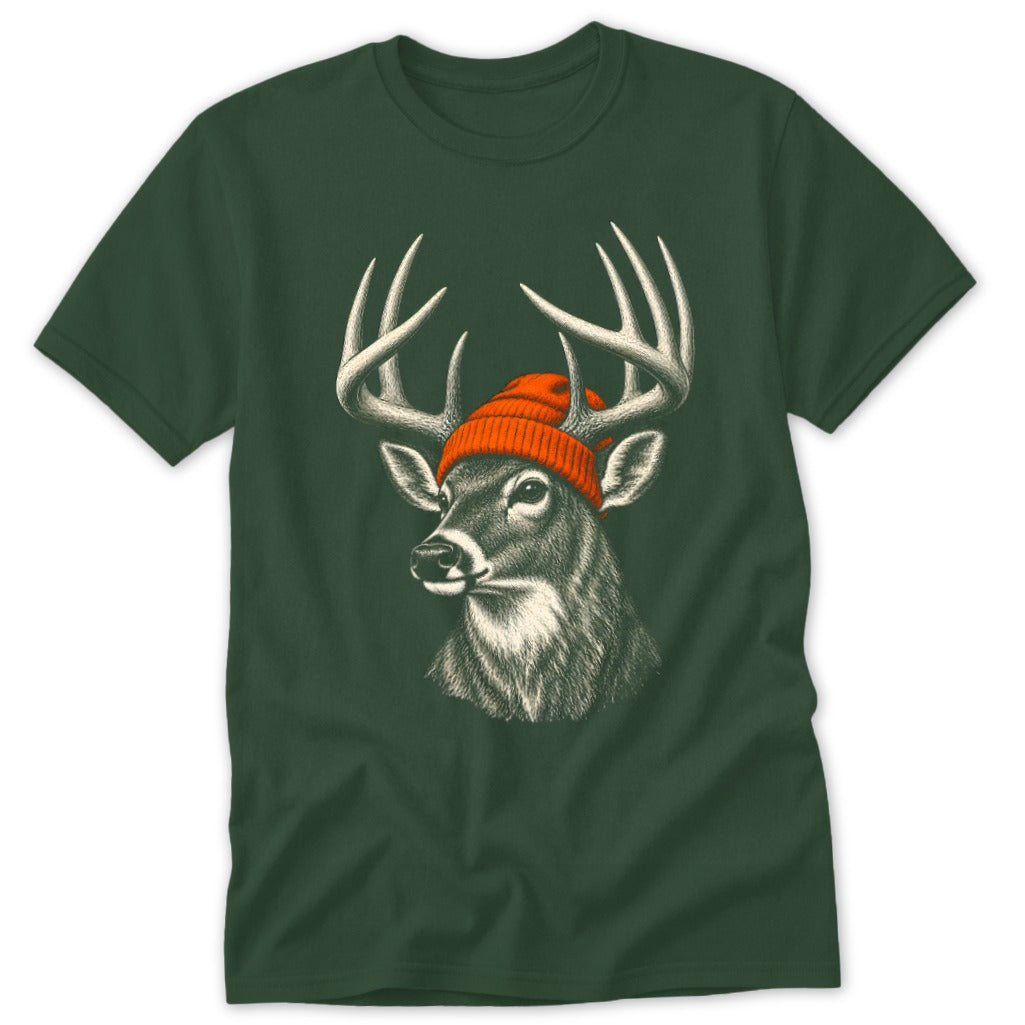 Dark green short-sleeved t-shirt featuring a detailed illustration of a buck wearing an orange beanie.