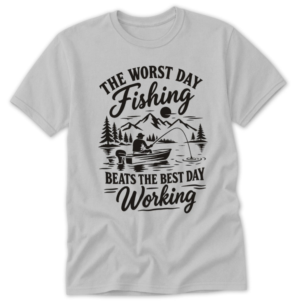 Light grey t-shirt featuring black text and a graphic of a person fishing in a boat.