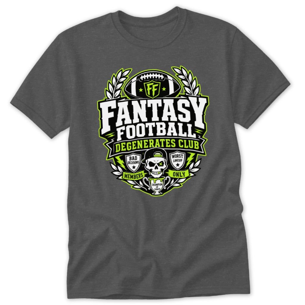 Dark grey crewneck t-shirt featuring a green, white, and black Fantasy Football Degenerates Club graphic centered on the chest.
