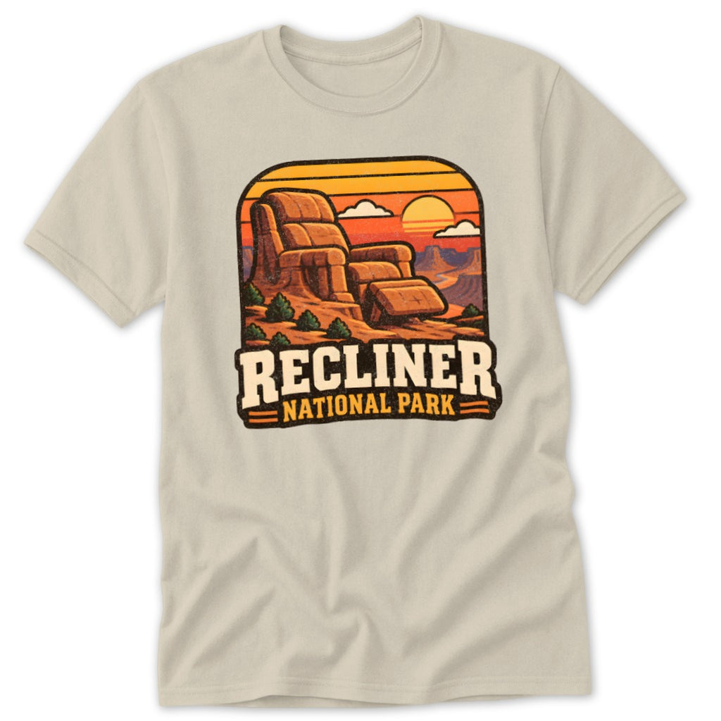 T-shirt with "Recliner National Park" logo featuring rock formations and sunset.