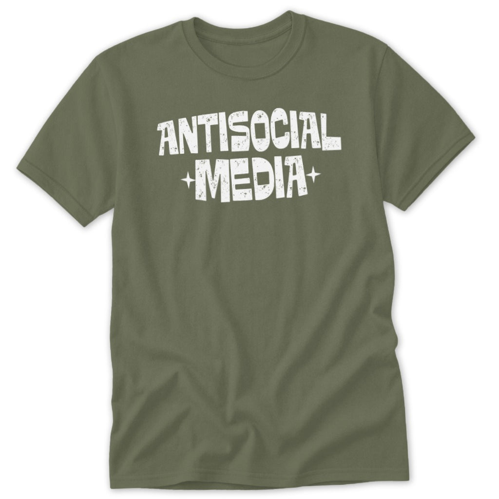 Olive green t-shirt with white "ANTISOCIAL +MEDIA+" text.