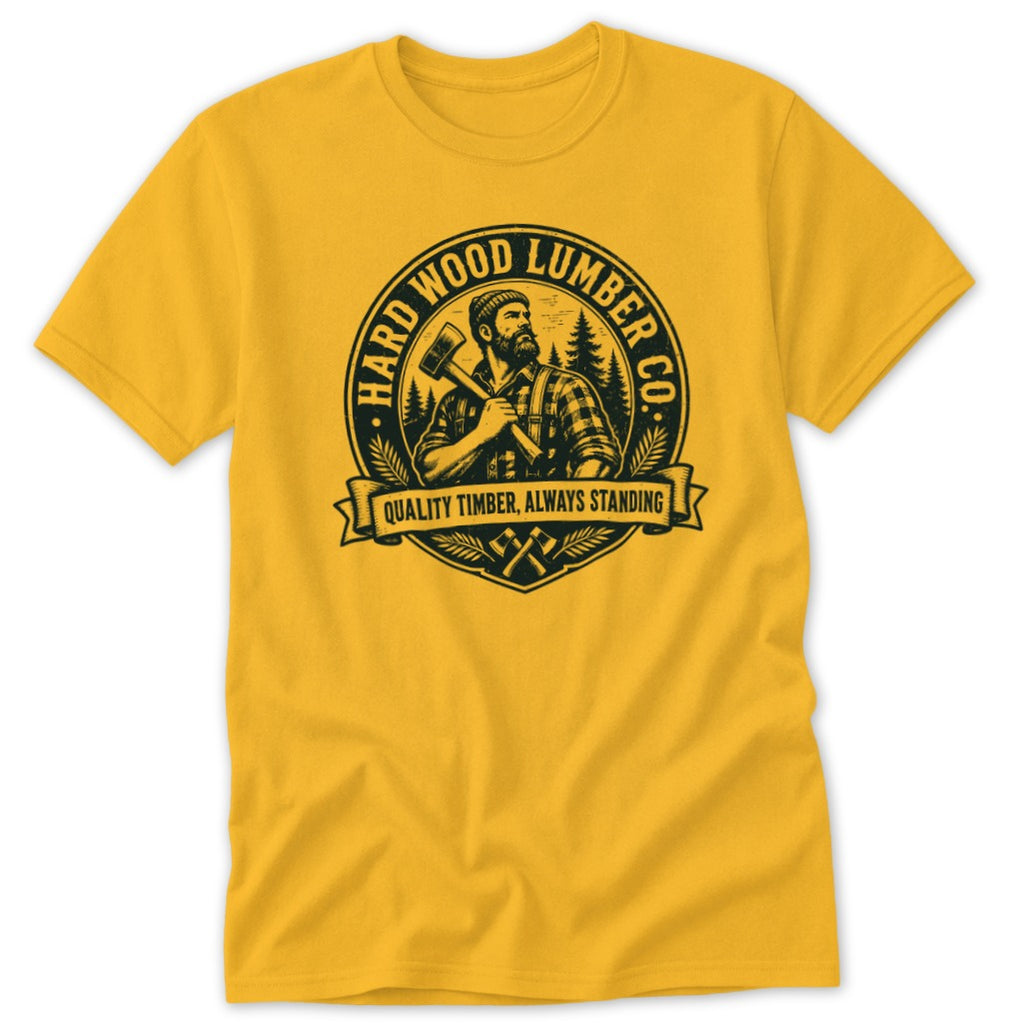 Gold short-sleeve t-shirt featuring a black lumberjack graphic with text reading Hard Wood Lumber Co.