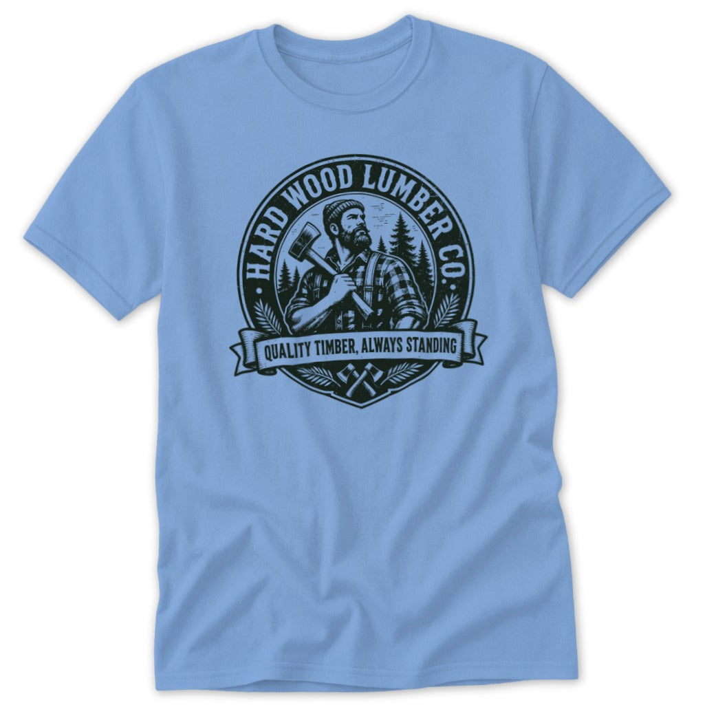 Light blue crewneck t-shirt featuring a black circular logo of a lumberjack with an axe.