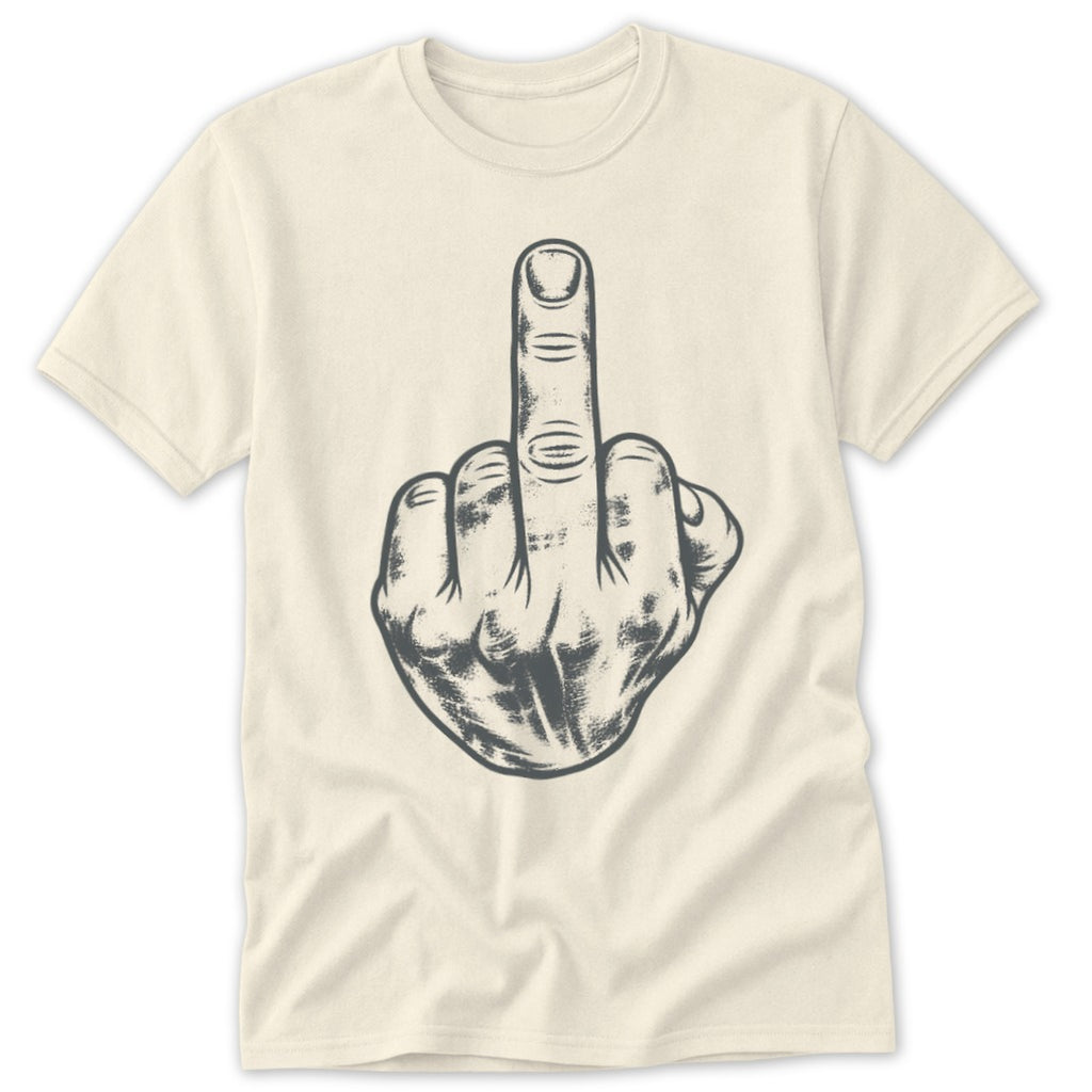 Cream t-shirt with a black graphic of a hand giving the middle finger.