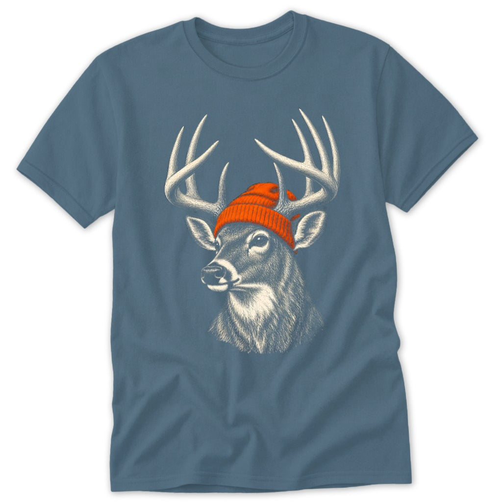 A blue short-sleeved t-shirt featuring a sketch of a deer wearing an orange beanie.
