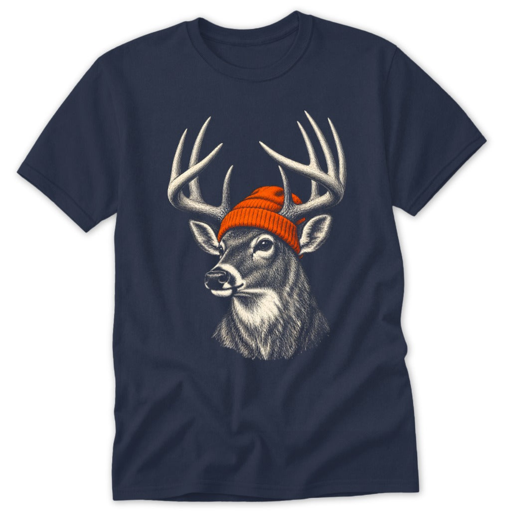 Dark blue crewneck t-shirt featuring a detailed illustration of a buck wearing an orange beanie.