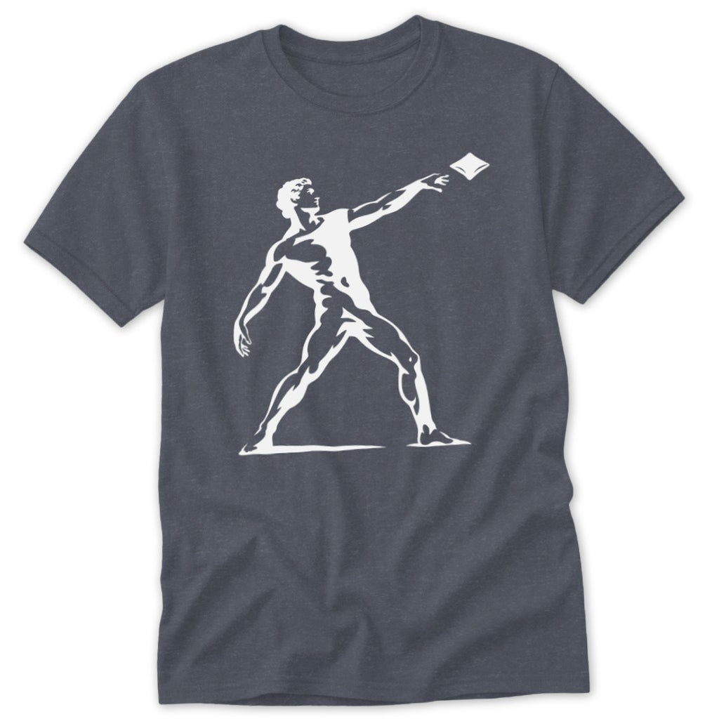 White illustration of a man throwing a book on a dark grey t-shirt.