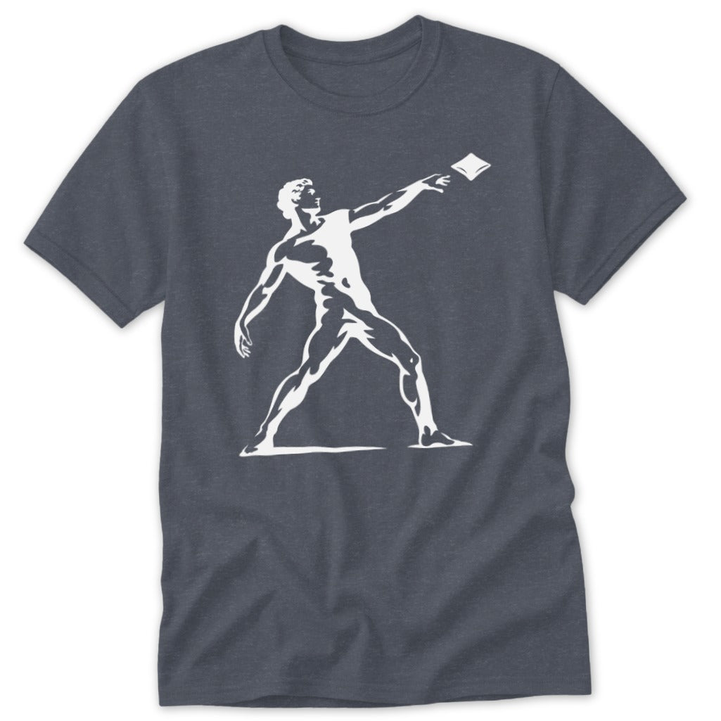 White illustration of a man throwing a book on a dark grey t-shirt.