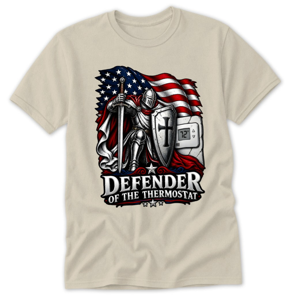 Beige t-shirt featuring a graphic of a knight guarding a thermostat in front of an American flag.