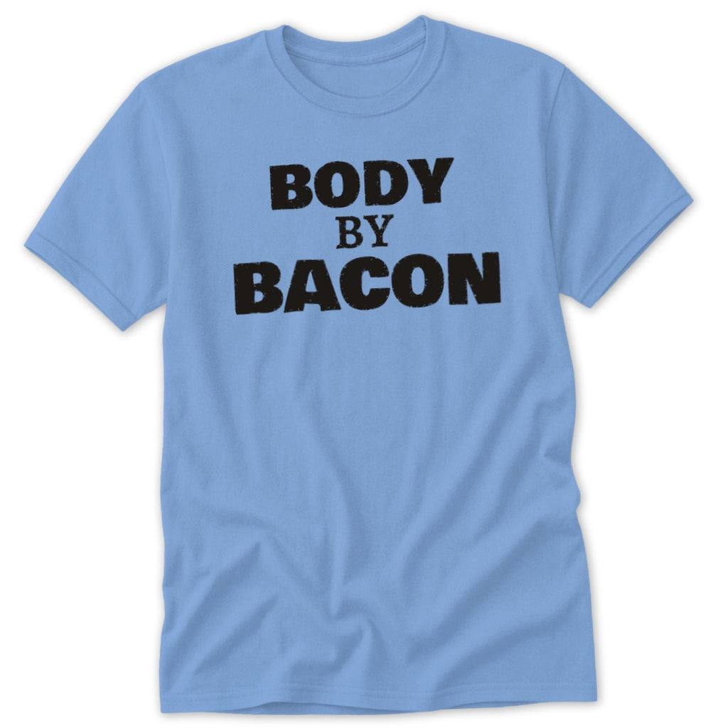Light blue t-shirt with black text reading "BODY BY BACON".
