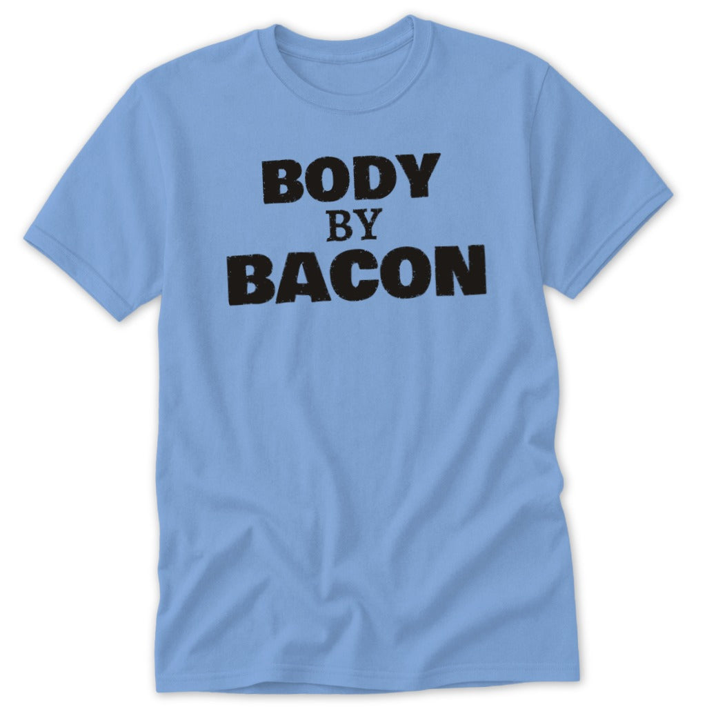 Light blue t-shirt with black text reading "BODY BY BACON".