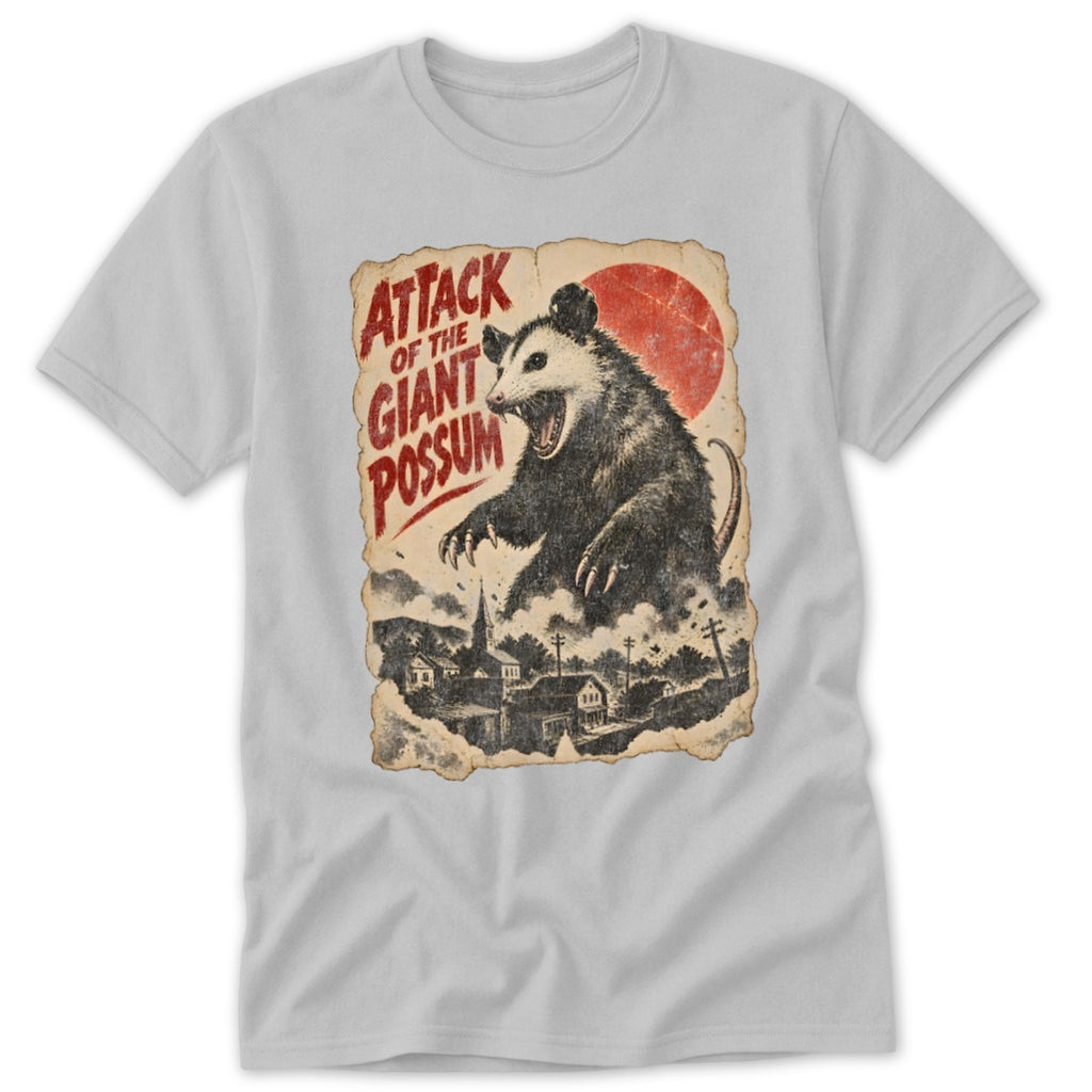 T-shirt graphic: "Attack of the Giant Possum" text over a giant possum looming over a town.
