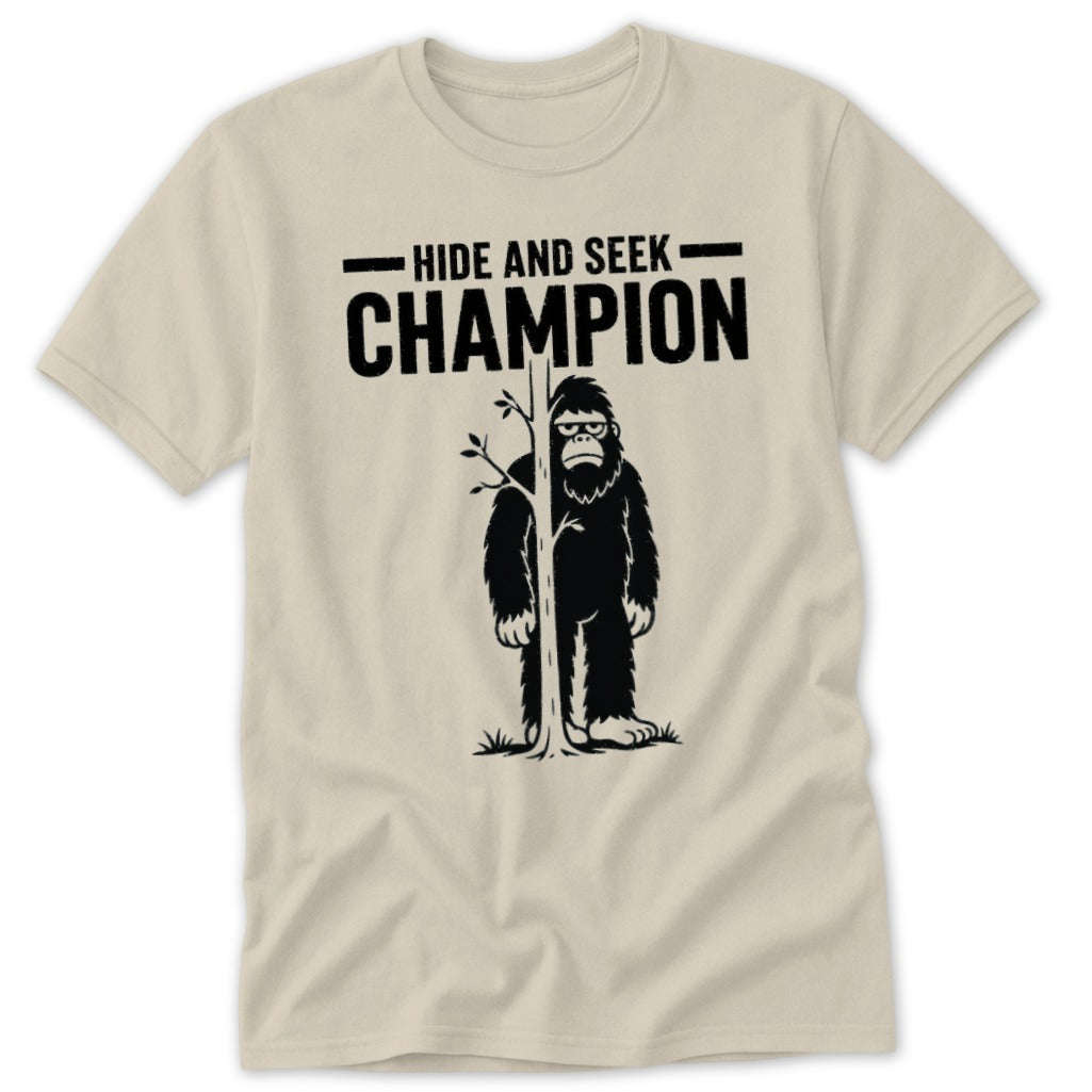 T-shirt with black Bigfoot graphic and "Hide and Seek Champion" text.
