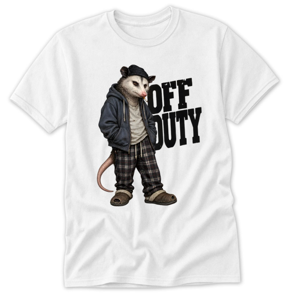 Opossum wearing a hoodie and plaid pants with "OFF DUTY" text.