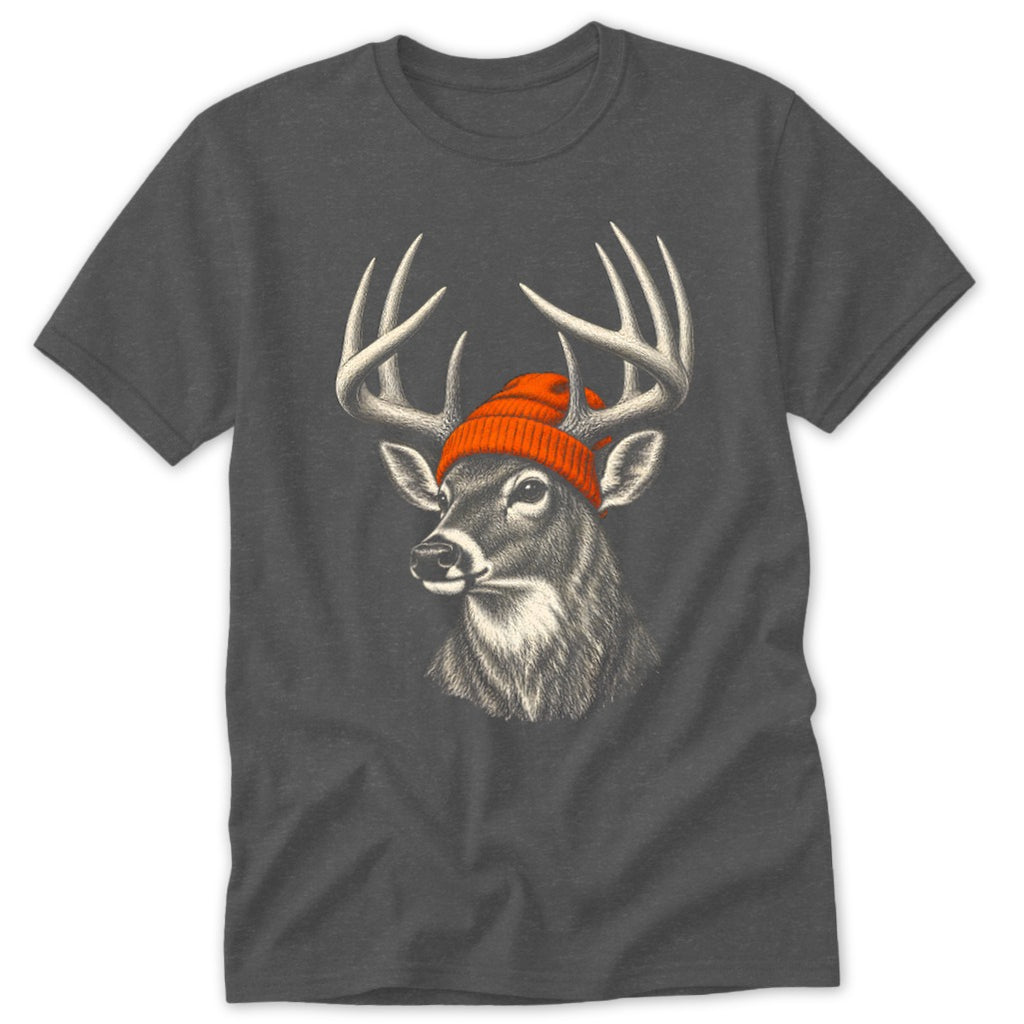Dark gray t-shirt featuring a detailed illustration of a buck wearing a bright orange beanie.