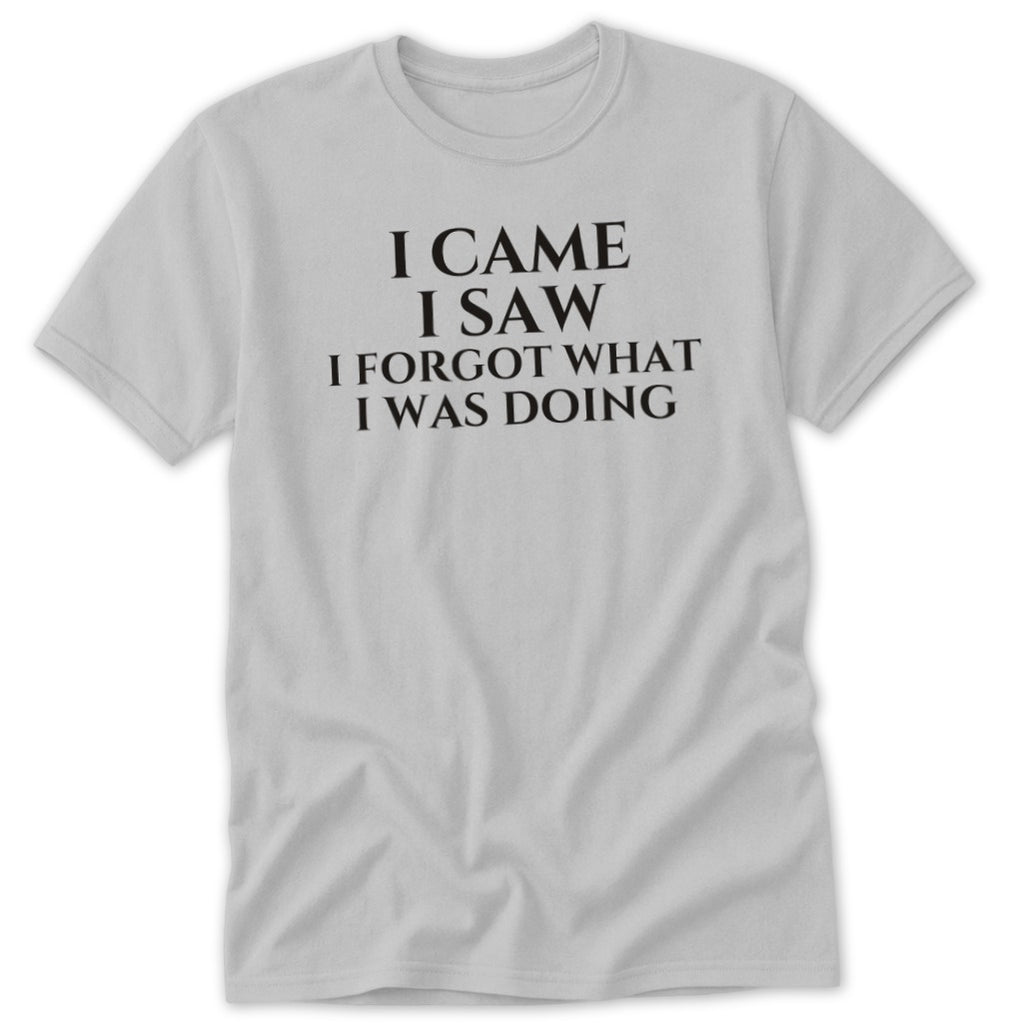 Light gray t-shirt with black text that reads "I CAME I SAW I FORGOT WHAT I WAS DOING".