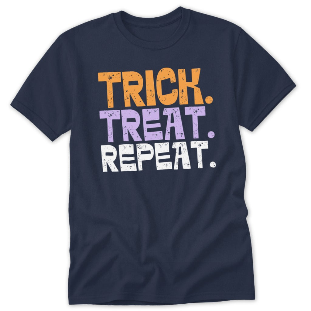 Navy t-shirt with "TRICK. TREAT. REPEAT." in orange, purple, and white text.