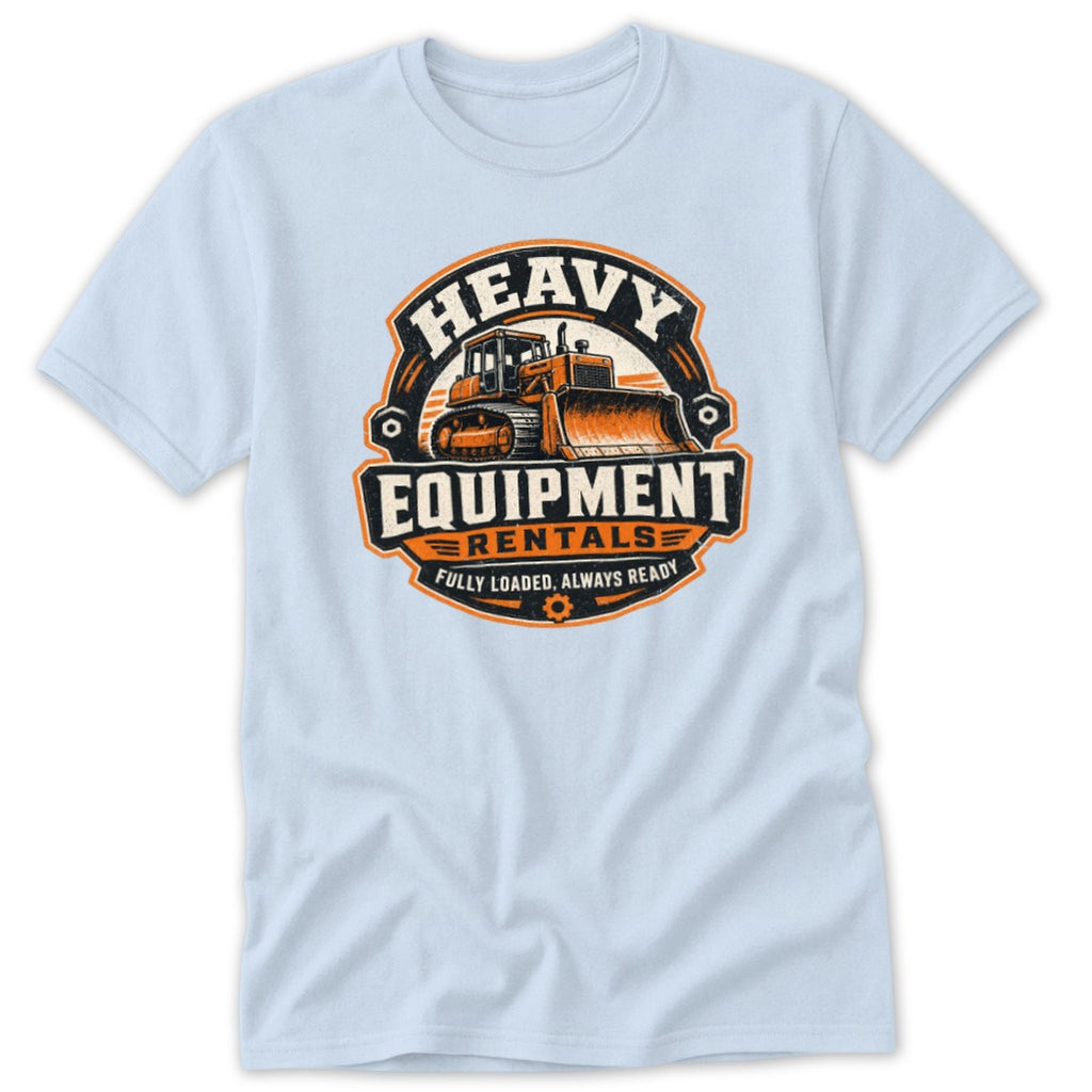 Light blue t-shirt featuring a retro orange and black graphic of a bulldozer with the text Heavy Equipment Rentals.