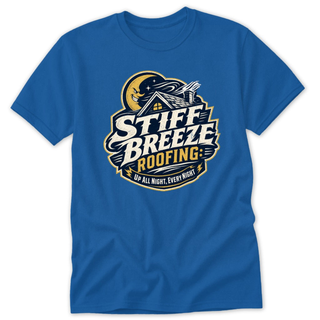 A blue t-shirt featuring a stylized graphic with a crescent moon, house, and text that reads Stiff Breeze Roofing.