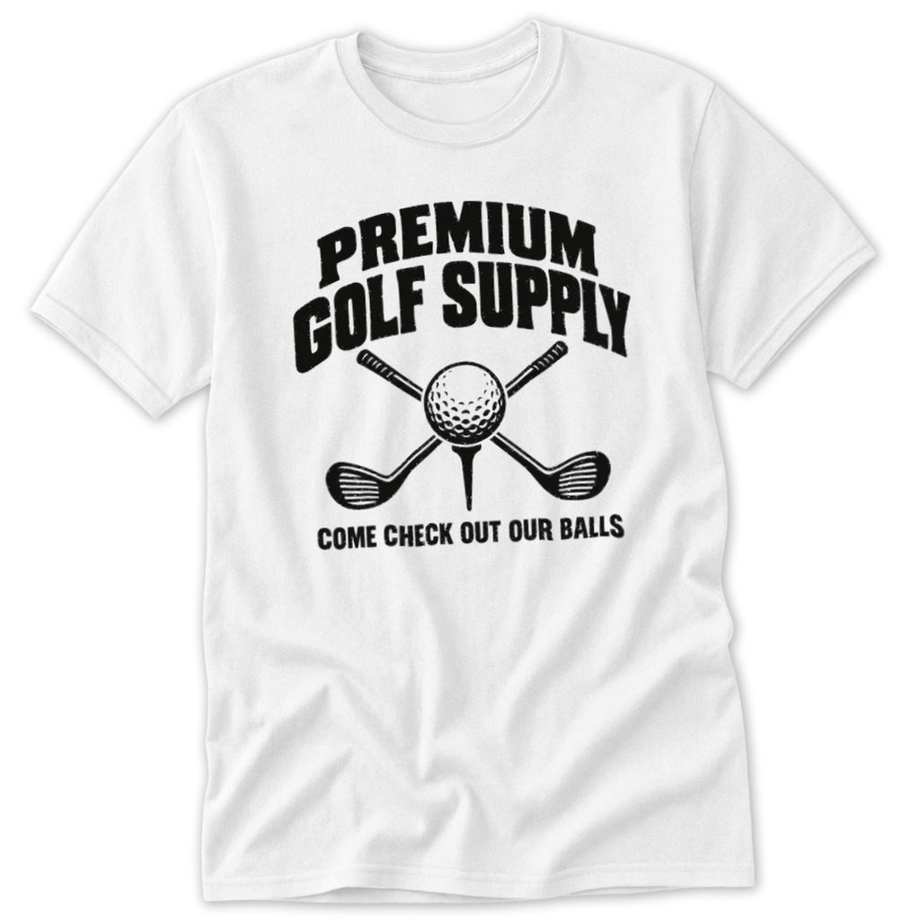 White t-shirt with "Premium Golf Supply" and golf ball and clubs graphic.