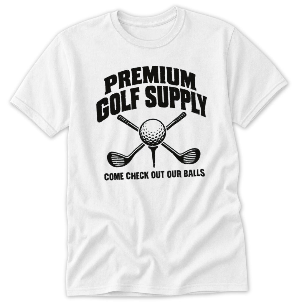 White t-shirt with "Premium Golf Supply" and golf ball and clubs graphic.